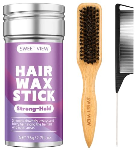 SWEET VIEW Boar Bristle Slick Back Hair Brush & Hair Wax Stick for Smooth Flyaways, Frizz, Sleek Ponytail, Buns and Edge Baby Hair, Styling Accessories for Girls, Kids and Women