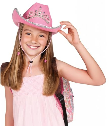 Pinker glitzernder Cowgirl-Hut für Kinder mit Paillettenbesatz und Diadem – Mädchen Glimmer-Western-Verkleidungszubehör für Partys, Festivals, Halloween – glitzernder rosa Kostümhut für Kinder
