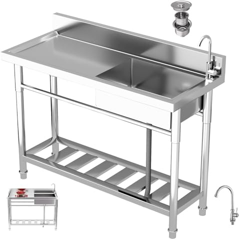47L x 19W x 34H Stainless Steel Sink, 198 LBS Workbench Utility sinks, 88 LBS Bottom Shelf Free Standing Kitchen Sink for Home Kitchens, Outdoor Barbecues, Restaurant Backyards