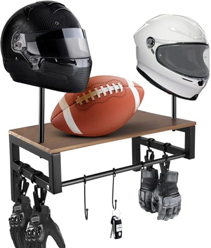 Motorcycle Helmet Holder,20KG Load-bearing Helmet Rack Wall Mount Wall Organizer with 4 Clips and 4 Hooks for Accessories Storage,Versatile Motorbike Helmet Holder for Motorsports/Bike/Sports Stuff