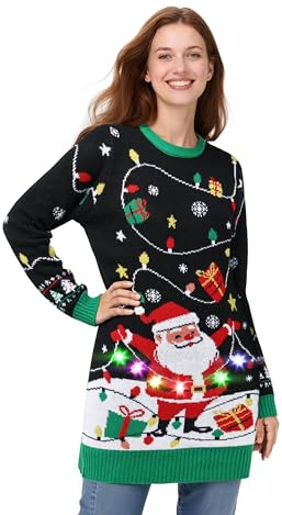 SOMSOC Light Up Ugly Christmas Sweater Dress for Women,LED Xmas Pullover Holiday Party Outfit