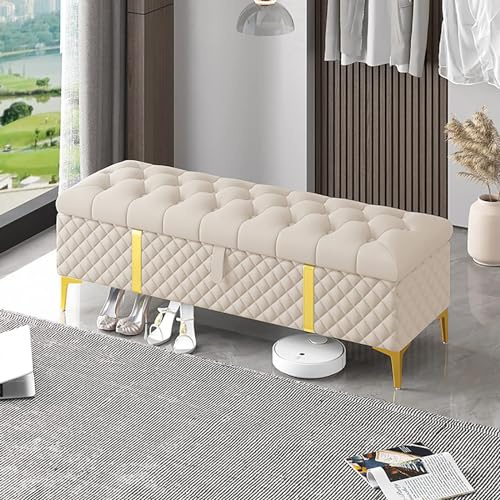 Luxuriöse Polsterbank aus Leder, mit Stauraum, moderne Schlafzimmer-Beige, 120 x 40 x 45 cm, stilvolle und funktionale Wohnkultur-Lösung