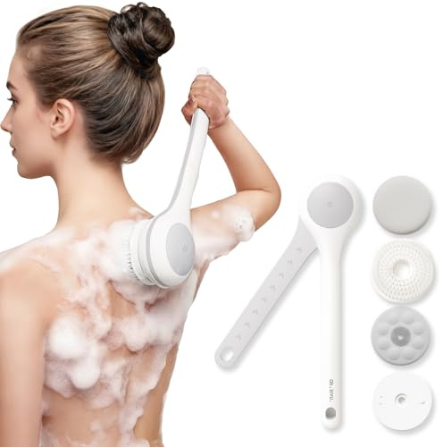 Back Scrubber, Electric Body Scrubber, Dry Brush, IPX7 Waterproof Body Brush Rechargeable USB Charging with Long Handle, Lotion Applicator for Back, Perfect Christmas Gift - Pearl White