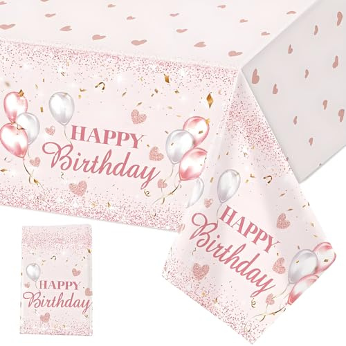 Kisstta Tovaglia per feste, 137 x 274 cm, riutilizzabile, impermeabile, in plastica, con palloncini rosa, per feste e decorazione da tavolo