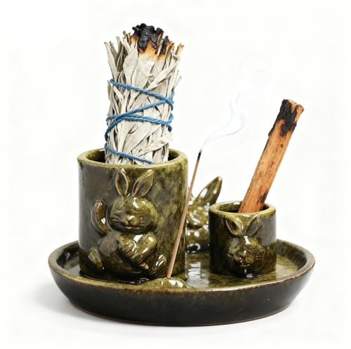 DBAILY Cuenco para incienso, soporte 4 en 1, soporte para palo, soporte para salvia para quemar, soporte para varillas de incienso, portavelas para meditación y sala de yoga