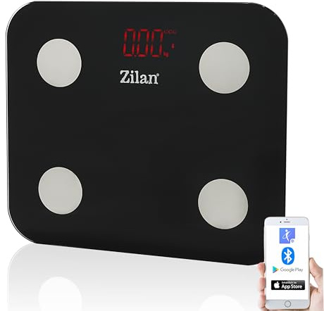 Zilan Körperfettwaage Digitale Bluetooth Personenwaage - Smarte Körperwaage mit App Körperanalysewaage Sicherheitsglas, BMI, Körperfett, Muskelmasse & Wasseranteil, Präzise Badwaage bis 180KG