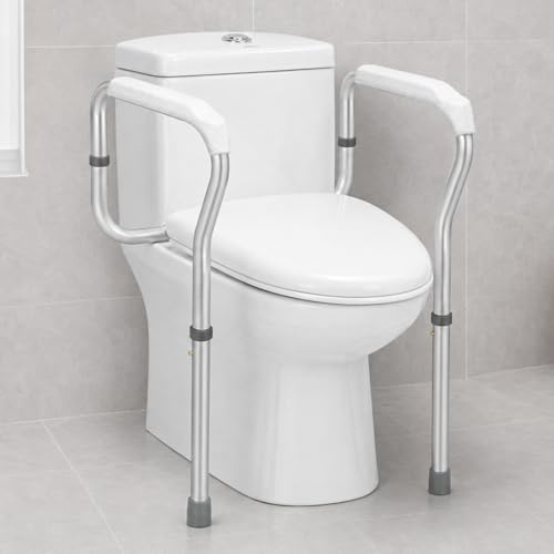 Aufstehhilfe Toilette, Toilettensitzerhöhung mit Armlehnen, Höhenverstellbar WC Aufstehhilfe Toilettenhilfe Haltegriff für Senioren und Behinderung, Zusammenklappbar, Ohne Bohren