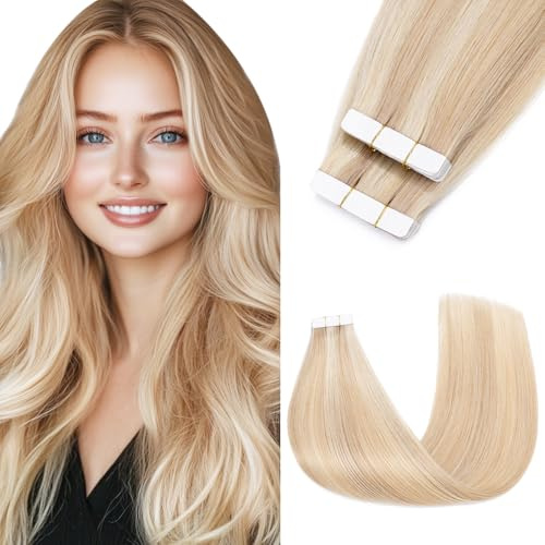 Benehair Tape in Extensions Echthaar 100% Remy Invisible Tape Extensions 10PCS Echt Haar Haarverlängerung Echthaar Tapes 35CM 10g #18P613 Kamel Gemischt Hellgold