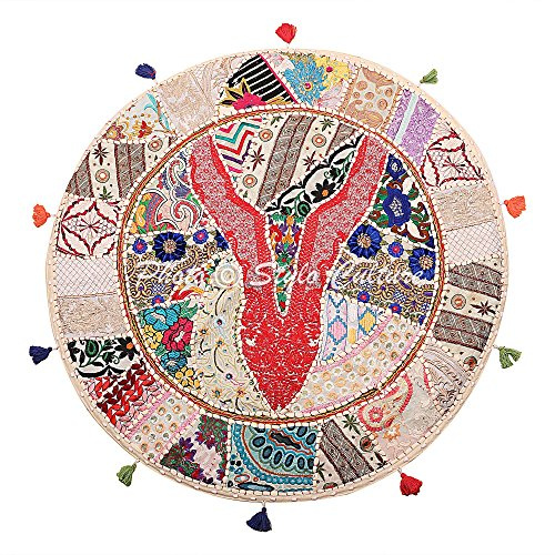 Stylo Culture Indisch Dekorativ Rund Bodensitzkissen 80x80 cm Groß Bodenkissen Pouf Vintage Weiß Boho Patchwork Sofa Sitzkissen Baumwolle Bestickt Boden Sitzkissen Ecke