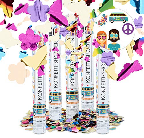 Relaxdays 5er Set Party Popper bunt mit Schmetterlingen, Blumen, Konfetti Kanone für Mottopartys, 40 cm Party Shooter, Mehrfarbig