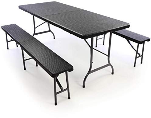 SONLEX Campinggarnitur Bierzelt-Garnitur klappbar 1 Tisch 2 Bänke schwarz Rattan-Optik 180 cm wetterfest Gartengarnitur Set Partygarnitur
