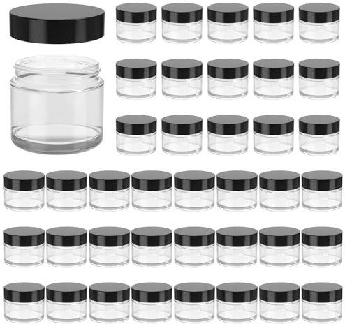 HOA Kinh - Lot de 40 bocaux en verre transparents avec couvercles - 57 ml - Avec couvercles noirs - Pour lotions, poudres, pommades