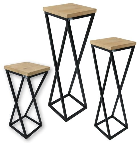 holz4home® Dekoständer-Set 3-tlg. in schwarz aus Massivholz Eiche I Natur Geölt Gedrehte Streben I Höhen: 50/70/90 cm Stahlgestell Dekosäule Blumensäule