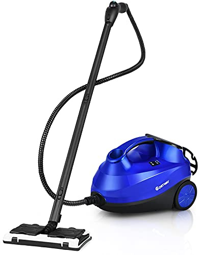 COSTWAY Dampfreiniger mit 19 Zubehörteilen, Bodendampfreiniger für Teppiche, Fußböden, Fenster / 2000W / 4 Bar / 1,5L Tank/bis 108℃ / LED/Dampfzeit bis 45 Min. (Blau)