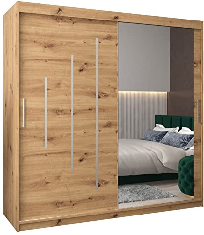 MEBLE KRYSPOL Kleiderschrank mit Spiegel York 2 - Garderobenschrank - Schrank Schlafzimmer - Mehrzweckschrank Zwei Schiebetüren - Regalen - Flur Möbel - Kleiderstange Schrank - Allzweckschrank