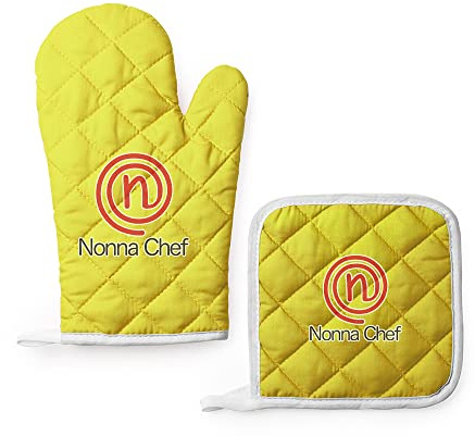 Set da Cucina Guanto e Presina Personalizzati Colorati Idea Regalo Festa della Mamma Dei Nonni Personalizzato Speciale Compleanno Natale per Mamma Nonna Cuoca Chef Famiglia Amore Nonnachef Master