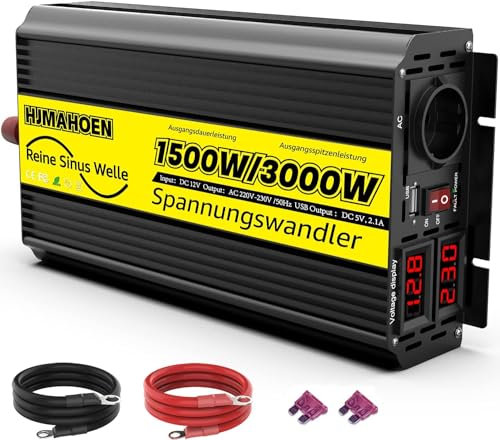 1500W/3000W Reiner Sinus Wechselrichter 12V auf 230V Reine Sinuswelle Spannungswandler, für Wohnmobil, LKW,mit eingebautem 5V/2.1A USB-Ladeanschlüssen Auto Konverter 12 V