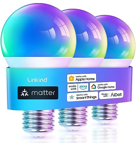 Linkind Matter Smart Light Bulb, Smart Bulbs Work with Apple Home, Siri, Alexa, Google Home, SmartThings, Color Changing Light Bulbs RGTBW Music Sync, Mood Lights, 2.4Ghz WiFi A19 E26 60W 800LM 3 Pack