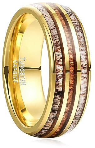 Vakki 8mm Wolfram Ring Herren Plattierter 14K Gold Ring ring koa holz mit deer antler für Ehering, Partnerringe, Geburtstag, Größe 67.2(21.4)