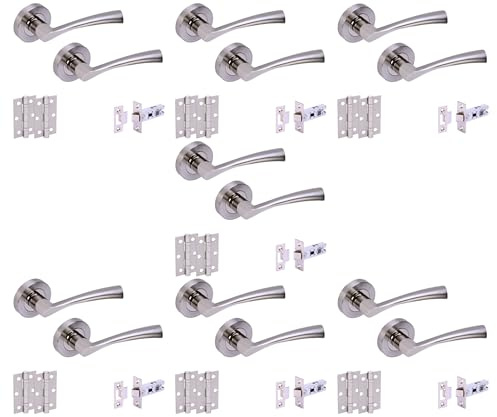 Hunta HANDLEZONE® 7 Sets Lobo Internal Door Handles on Rose Lever Latch Packs with 75mm Ball Bearing Hinges and 76mm Latches - Dual Polished/Satin Nickel