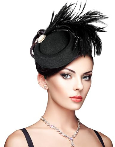 MWOOT Fascinator Hut Damen, Kopfschmuck Fascinator Schwarz mit Perlen und Strasssteinen, 20er Jahre Vintage Feder Haarschmuck mit Stirnband und Haarspange für Tea Party Cocktail Hochzeit Kirche