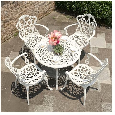 Gartengarnitur Outdoor-Tische und Stühle aus Aluminiumguss, Innenhof, Garten, Hotel, Terrasse, Kombination aus Freizeit, runder Terrassentisch aus Metall Möbelset im Balkon (Color : 4 Chairs One Tabl