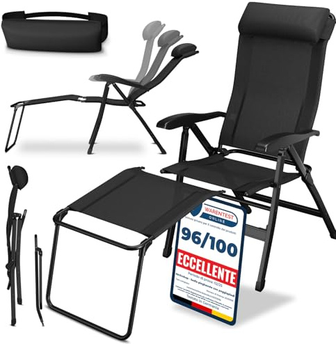 ELONEO Campingstuhl faltbar mit Abnehmbarer Beinauflage, Klappstuhl aus Aluminium, Gartenstuhl klappbar, Liegestuhl mit Verstellbarer Rückenlehne, Camping Chair schwarz