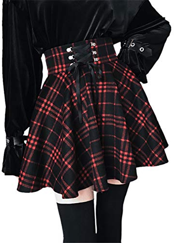 Damen Plaid A-Linie Röcke Gothic Hohe Taille Falten Flare Kurz Mini Skater Rock