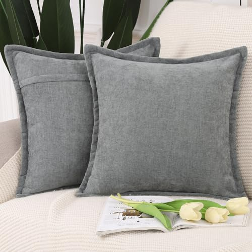 Madizz 2er Set Fransen Chenille Schlicht Zierkissenbezüge Modern Kissenbezug Kissenhülle Sofakissen Lendenkissen für Sofa Schlafzimmer Dunkelgrau 60x60 cm