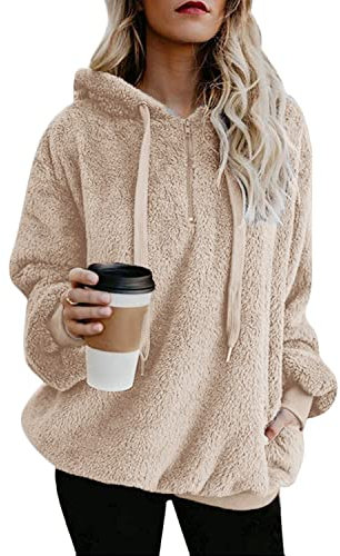Hormtaer Hoodie Damen Oversize Teddy Pullover Teddyjacke Pulli Teddy Fleece Sweatshirt Kapuzenpullover Fleecejacke Kapuzenpulli Warm Langarm Lose Winter Tops Oberteile Casual mit Tasche (Khaki1, M)