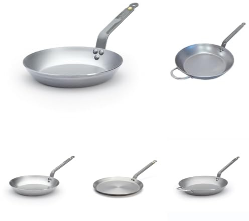 DE BUYER - Lot de 5 Poêle en tôle d'acier Mineral B - 24, 28, 32, et 36 cm, 30cm Poêle à crêpes- Fabriquées en France, Sans PFAS, Inox 18/10, Tous Feux + Four, Finition Poli Brillant