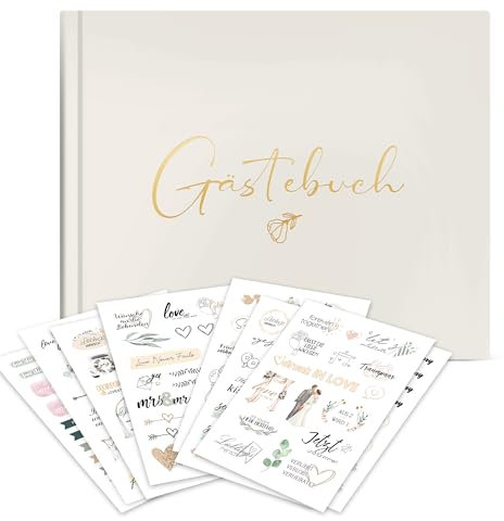 Gästebuch Hochzeit, Sticker Hochzeit Gästebuch, 100 Seiten Hochzeitsgästebuch, Beige Gästebuch, Hochzeitsbuch, Hochzeitsalbum für Erinnerungen, 155 Sticker Hochzeit in Deutsch und Englisch, 19*24 cm