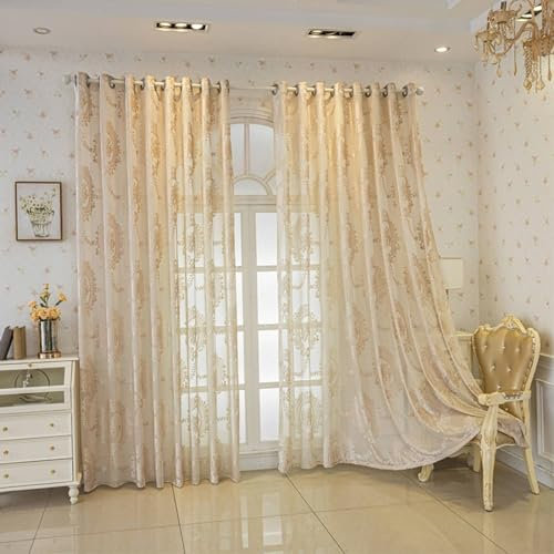 Gardinenschals 2er Set mit Schlaufen 137x160CM, Vorhänge Halbtransparent Jacquard mit Blumen Muster Amerikanisch Gardinen Polyester Beige Lichtdurchlässig Schiebevorhänge Wohnzimmer Schlafzimmer