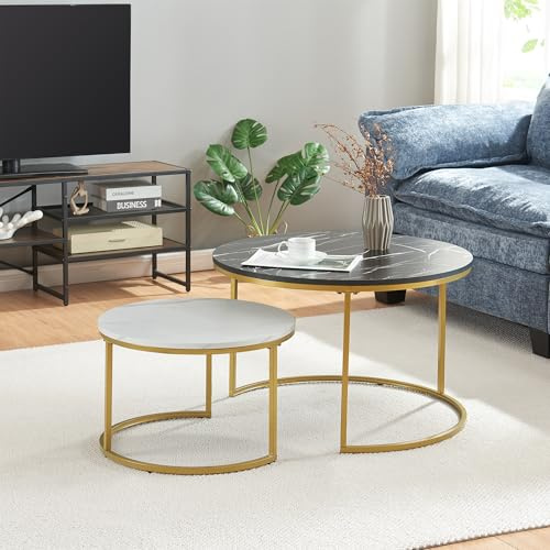 [en.casa] Soffbord Christchurch uppsättning av 2 vardagsrumsbord runt soffbord sidobord med metallram kaffebord marmorutseende, svart/vit/guld