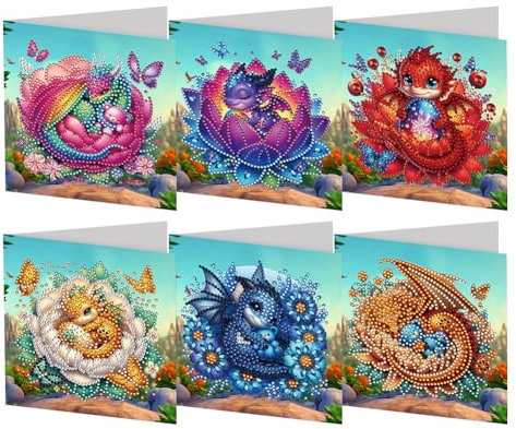 Generish Diamond Painting Karten,6 Stück Strass Handwerk Grußkarte,Diamant Painting Malerei Geschenkkarte Feiertags Dankeschön Handgefertigte Grußkarten Glückwunschkarte für Familie,Liebhaber,Freunde
