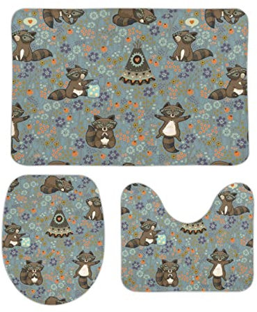 Badteppich-Set 3-Teilig Cartoon-Waschbären U-Förmiger Teppich Waschbar Wc Vorleger Set 3 Teilig Weiches Badvorleger Für Badezimmer Badewanne Schlafzimmer