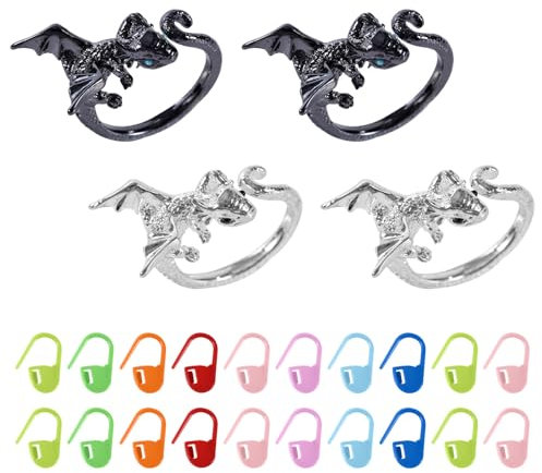 4 Häkel-Spannungsringe, Häkelschlaufenring mit Drachenmotiv mit 20 Maschenmarkierungen Garnführungsring Häkelmaschenmarkierungen zum Häkeln