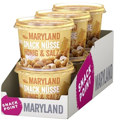 Maryland Snack Nüsse Honig & Salz 275g Becher Vorratspack - Erdnüsse, Cashewkerne und Mandeln in Nussmischung - Süß & salzig - wiederverschließbarer Becher (6 x 275g)