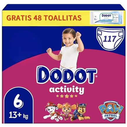 Dodot Activity, Pañales Talla 6, 13-18 kg, Pack Ahorro 117 Unidades y regalo 48 toallitas Dodot Agua Pure