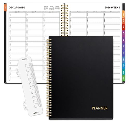 SUNEE 2026 Appointment Book, Quarter-Hourly, Weekly & Monthly - from January 2026 - December 2026, 8.5x11 Weekly Planner, Flexible Cover, Note Pages, Pockets, Bookmark, Spiral Binding, Black