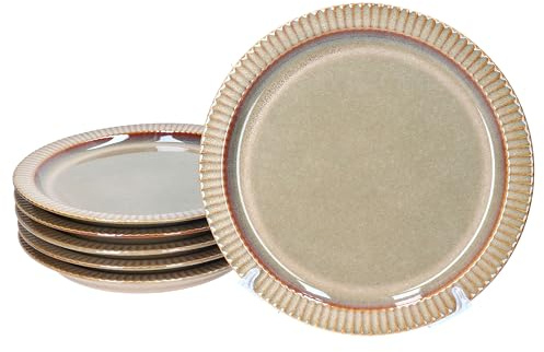 MamboCat Bistro 6er Set Speiseteller | Ø 26,6 cm | Steingut braun mit Retro-Rillen | Teller flach für Hauptspeisen, Dinner, Buffet, Braten & Co.