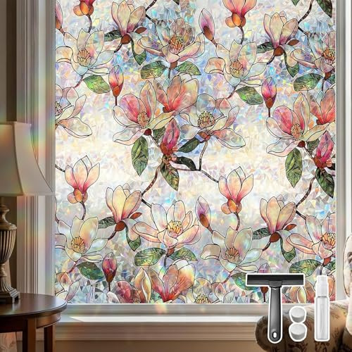 Qualsen Vinilos para Cristales Efecto Arcoiris Vinilo Ventana Privacidad Patrón de Flor de Magnolia Electrostática Decorativos Vinilo Cristal Anti UV No Adhesivo Lámina para Hogar Bano 44x200cm