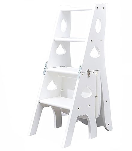 Multifunctional Wooden Folding Library Ladder Chair - 3-in-1 Step Stool, Display Ladder & Storage Shelf, Heavy-Duty 331lbs Capacity, Foldable Home Ladder (White)