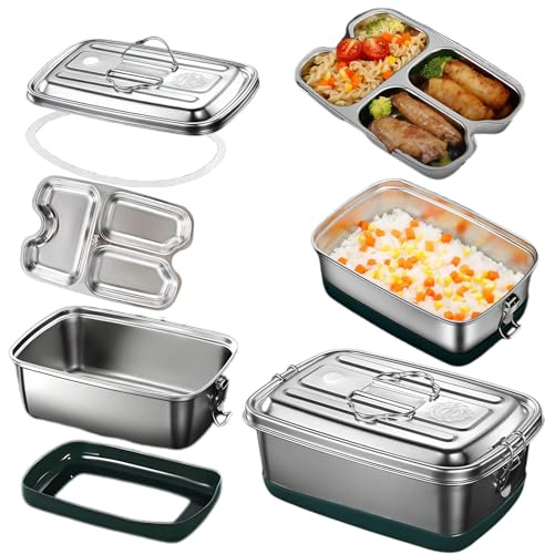 Veebmys 2000ml Fiambrera de Acero Inoxidable con Tapa, Diseño de Doble Capa con 3 Compartimentos, Ecológica, Duradera y Hermética, para Trabajo, Escuela, Picnic o Viaje