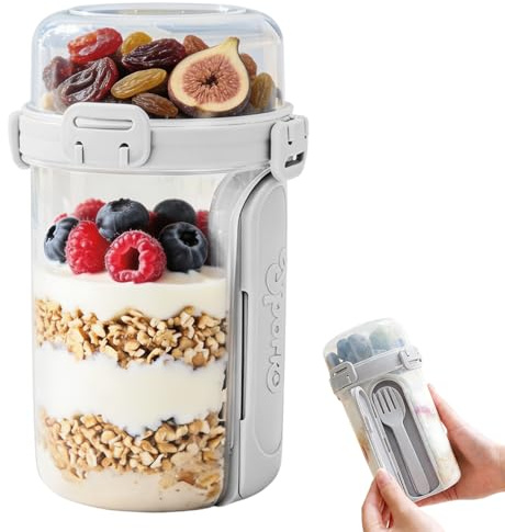 HX-uuyjno Müslibecher To Go mit Gabel-Löffel 610ml+200ml Auslaufsicherer Joghurtbecher To Go Auslaufsicherer Doppelschicht Becher Müsli To Go Becher für Unterwegs, Arbeit, Schule, Picknick