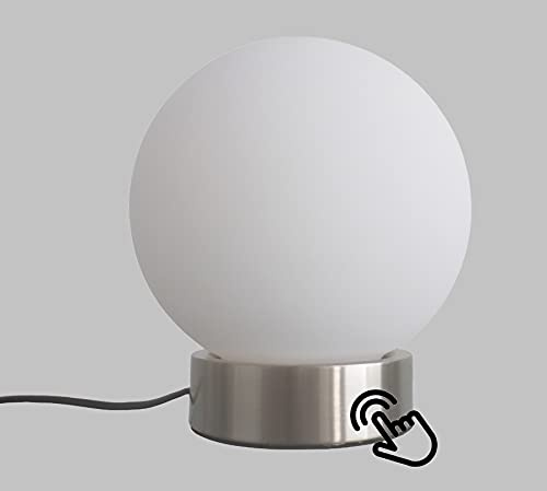 Trango Stufenlos dimmbar LED Tischlampe 2017-05T in Nickel matt mit satiniertes Kugelglas Lampenschirm *Giulia* Nachttisch & Fensterbank Lampe incl. 5 Watt LED Modul 3000K warmweiß Schreibtischlampe