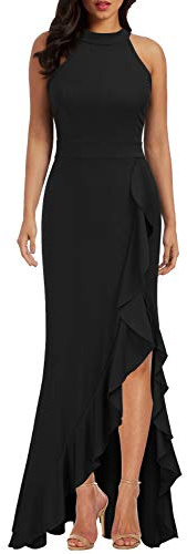 WOOSEA Women's High Neck Split Bodycon Mermaid Evening Cocktail Long Dress Black