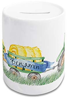 GRAZDesign Spardose Kinder Jungen mit Name | Traktor Trecker in Grün | personalisiertes Geschenk Geburtstag, Weihnachten, Taufe, Keramik