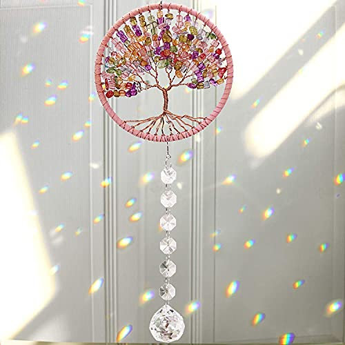 Cosylove Pendentif Arbre de Vie en Cristal Suncatcher pour Voiture, rétroviseur Suspendu, Lustre, Prisme Arc-en-Ciel, pour fenêtre, décoration de Jardin (Rose)