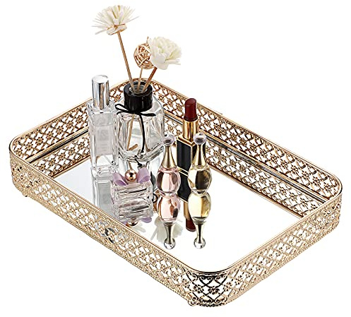 ELLDOO Perfume & Makeup Vanity Tray - Hollow-Carved Jewelry Storage, Glass & Metal Trinket Organizer for Dresser & Bathroom Countertop, Gold, Medium Size